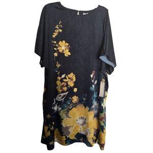 NWT Chico's Satin Desert Garden Floral Black and Yellow Shift Dress